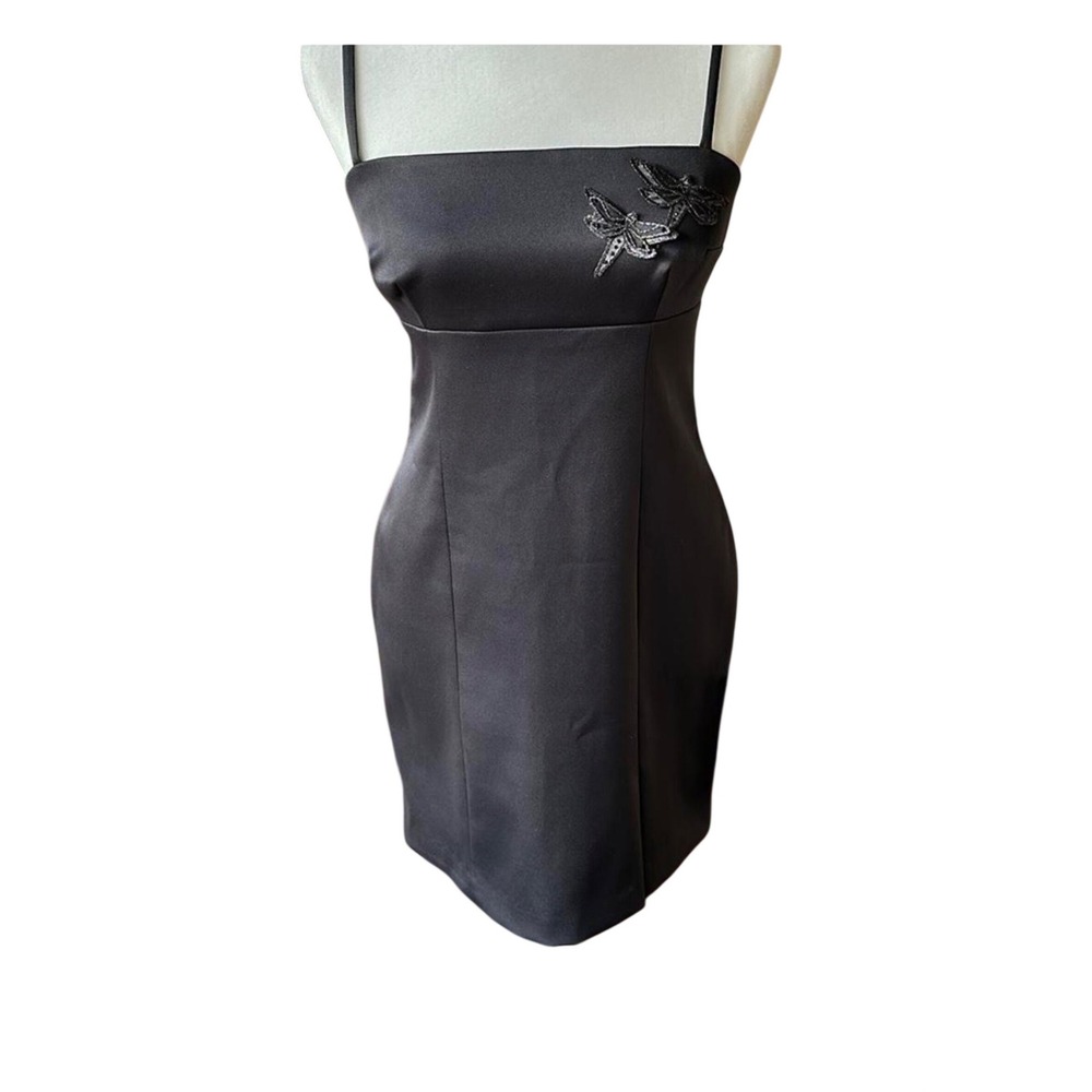VTG Hugo Buscatti Black Satin Mini Dress Beaded Dragonfly Y2K Bodycon Size 6 USA